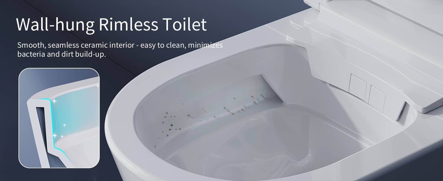 Text reads 'Wall-hung Rimless Toilet'. White ceramic toilet bowl shown from above with mounting hardware visible, demonstrating wall-mounted installation design against light background.