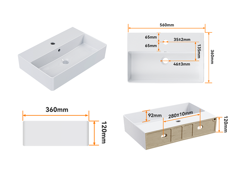 Technical diagram showing dimensions and measurements of a white rectangular device or component, displayed from multiple angles.