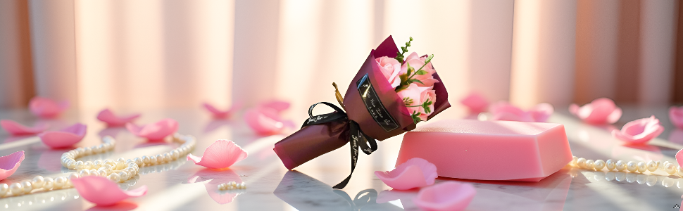 A rustic wooden table with the product displayed alongside a vase of fresh roses.
