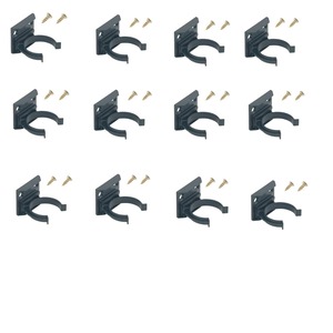 Twelve identical black metal wall hooks arranged in a grid. Each hook has a curved design and comes with two small screws for mounting.