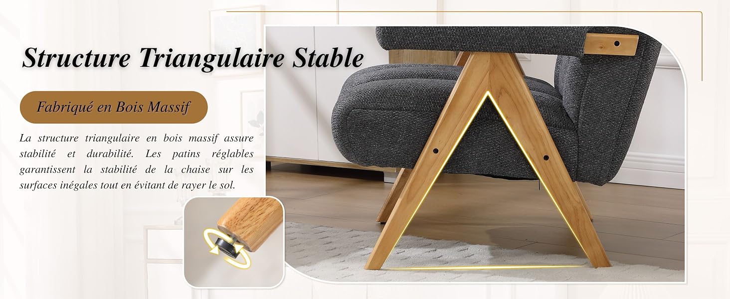 Le texte indique « Structure triangulaire stable ». Meuble en bois avec structure de support triangulaire présentée en finition naturelle sur fond clair.