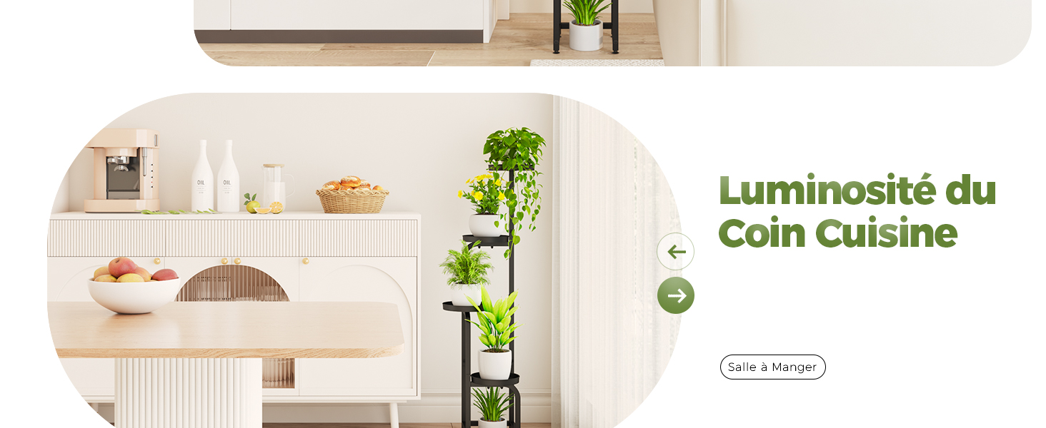 Coin cuisine lumineux avec armoires blanches, comptoir en bois et support pour plantes à plusieurs niveaux. Les étagères présentent des ustensiles de cuisine et un bol à fruits. Le texte en français mentionne l'éclairage des coins de cuisine.
