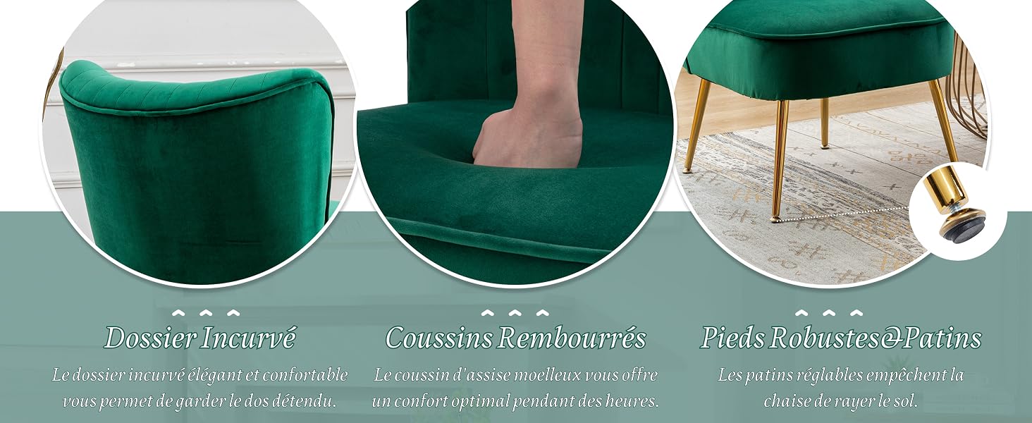 en velours vert avec pieds dorés. Trois images circulaires montrent une vue complète, les détails du coussin et un gros plan des jambes. Texte ci-dessous en police stylisée.