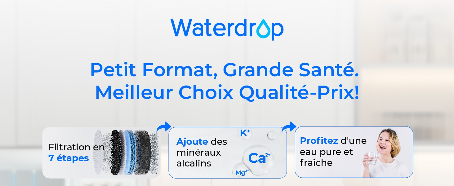 Le texte se lit comme suit : « Waterdrop » et « Petit Format, Grande Santé, Meilleur Choix Qualité-Prix ! » Affichage du produit montrant le système de filtration d'eau avec un processus de filtration en 7 étapes.