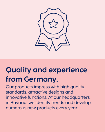 Text reads 'Quality and experience from Germany.' Pink background with icon designs. Additional text describes product development in Bavaria.
