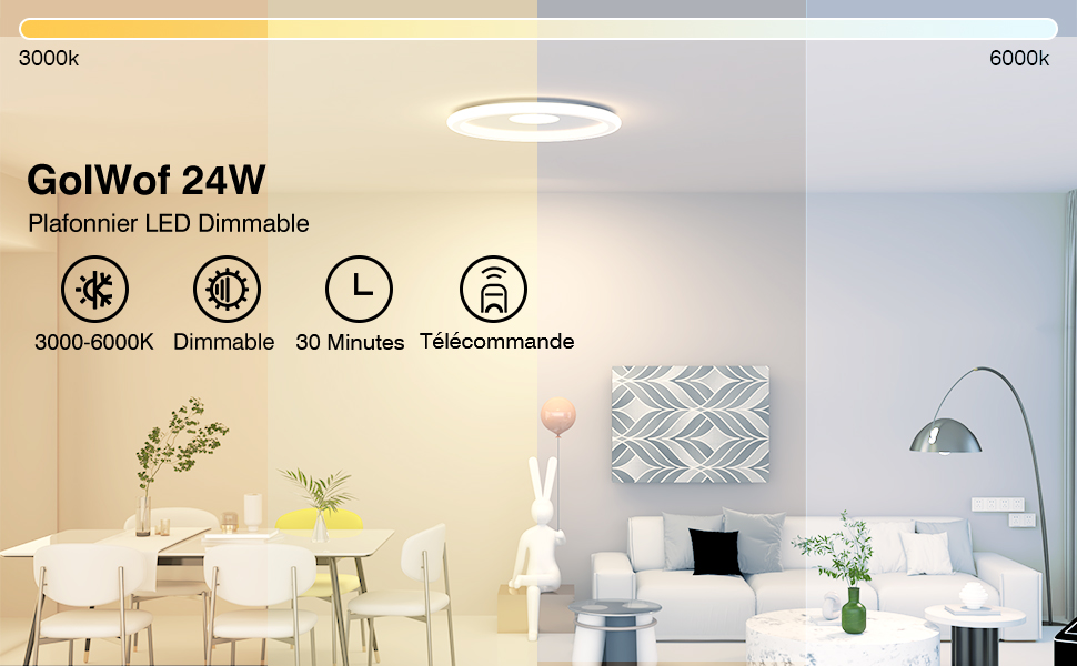 Plafonnier LED 24W GolWof Rond Lampe de Plafond