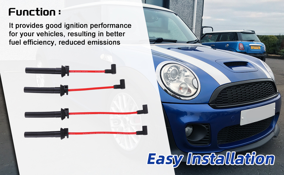 Text reads 'Function: Easy Installation'. Series of images showing blue sports car and red cable installations, demonstrating automotive modification process.