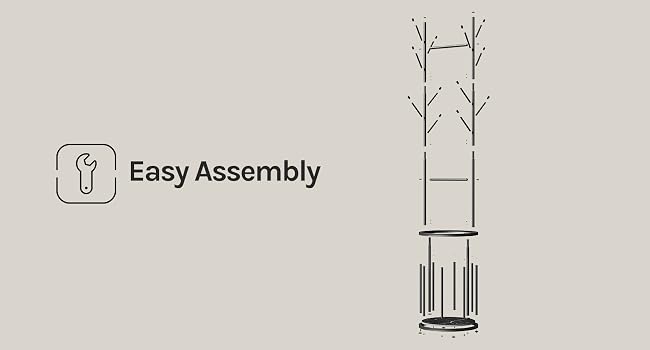 Text reads "Easy Assembly." Diagram showing simple assembly instruction with icon of tool and illustration of frame structure with vertical support legs.