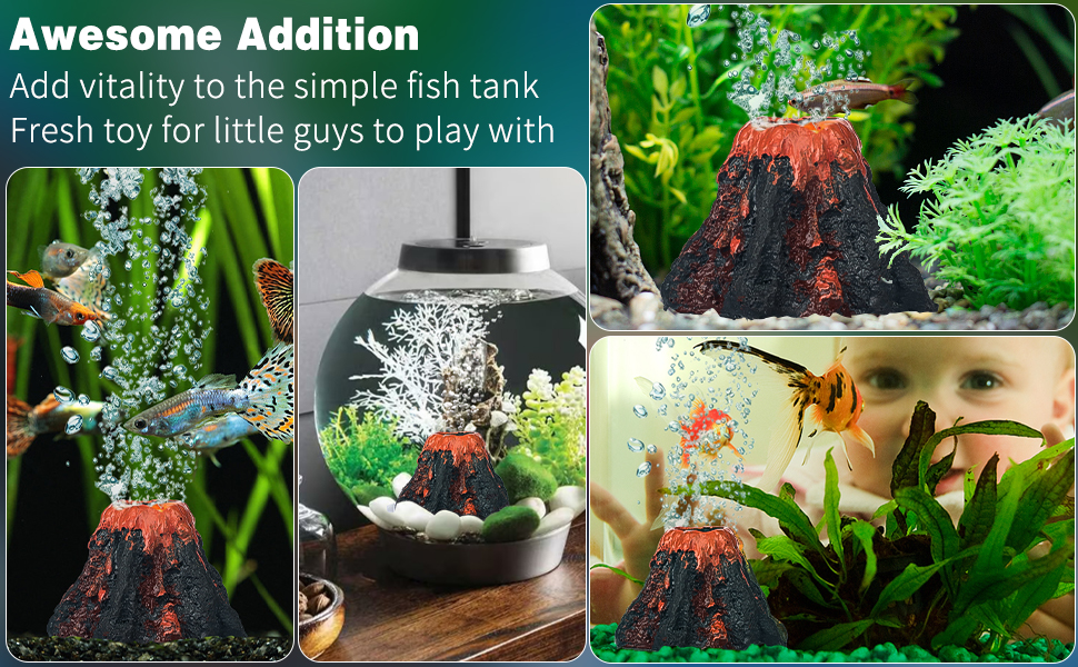 Aquarium decorations featuring miniature volcanoes with bubbling effects, shown in various tank setups with fish and plants.