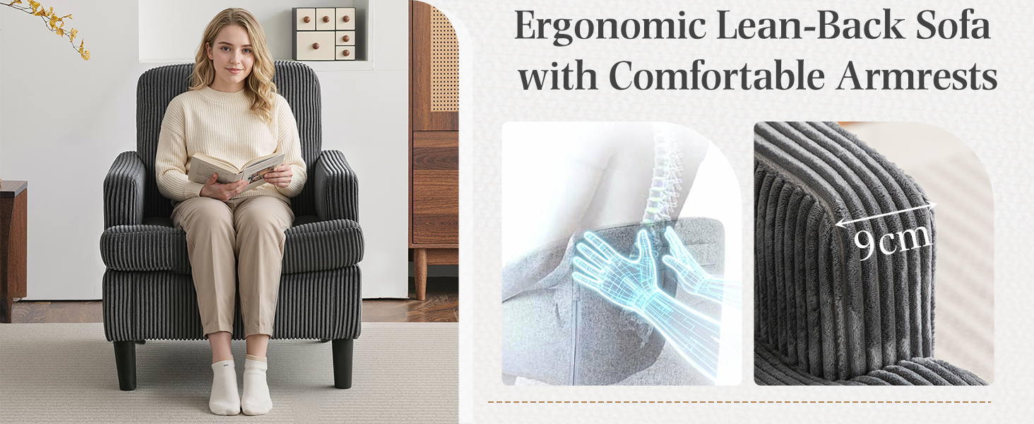 Text reads: 'Ergonomic Lean-Back Sofa with Comfortable Armrests'. Multiple views of a dark-colored upholstered armchair in different settings and angles.
