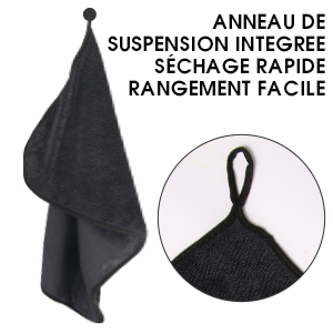 avec boucle de suspension intégrée. L'image principale montre une serviette pleine, l'encart montre un gros plan de la boucle. Le texte indique des caractéristiques de séchage rapide et de rangement facile