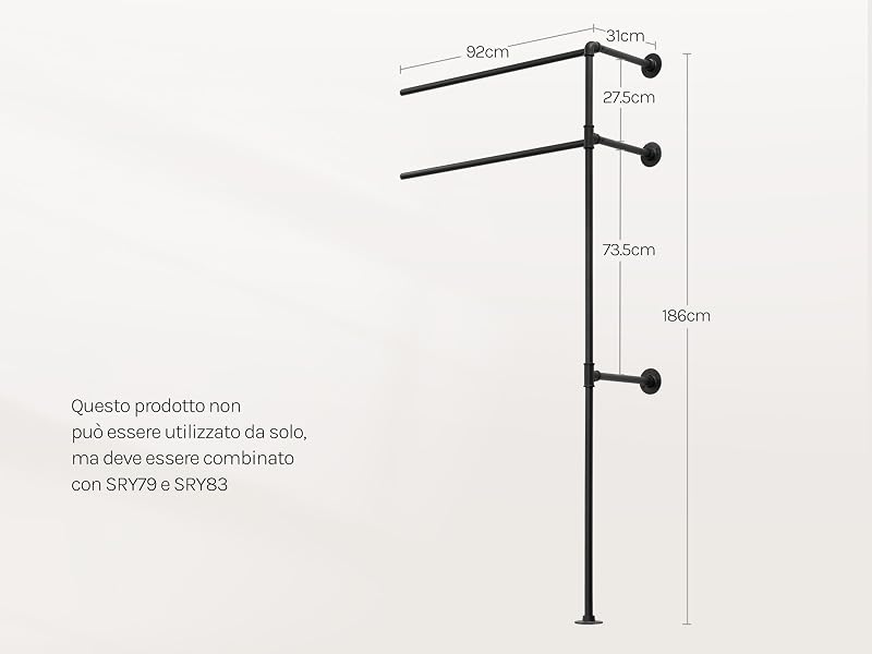 Diagramma tecnico che mostra le misure di altezza per un sistema di aste a parete con più bracci orizzontali.