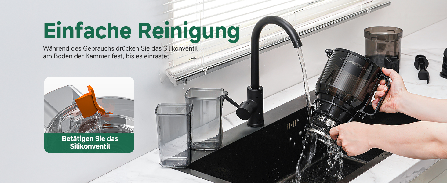 Der Text lautet „Einfache Reinigung“. Das Bild zeigt Hände beim Reinigen einer Küchenspüle mit sichtbaren Glasbehältern und schwarzem Wasserhahn.