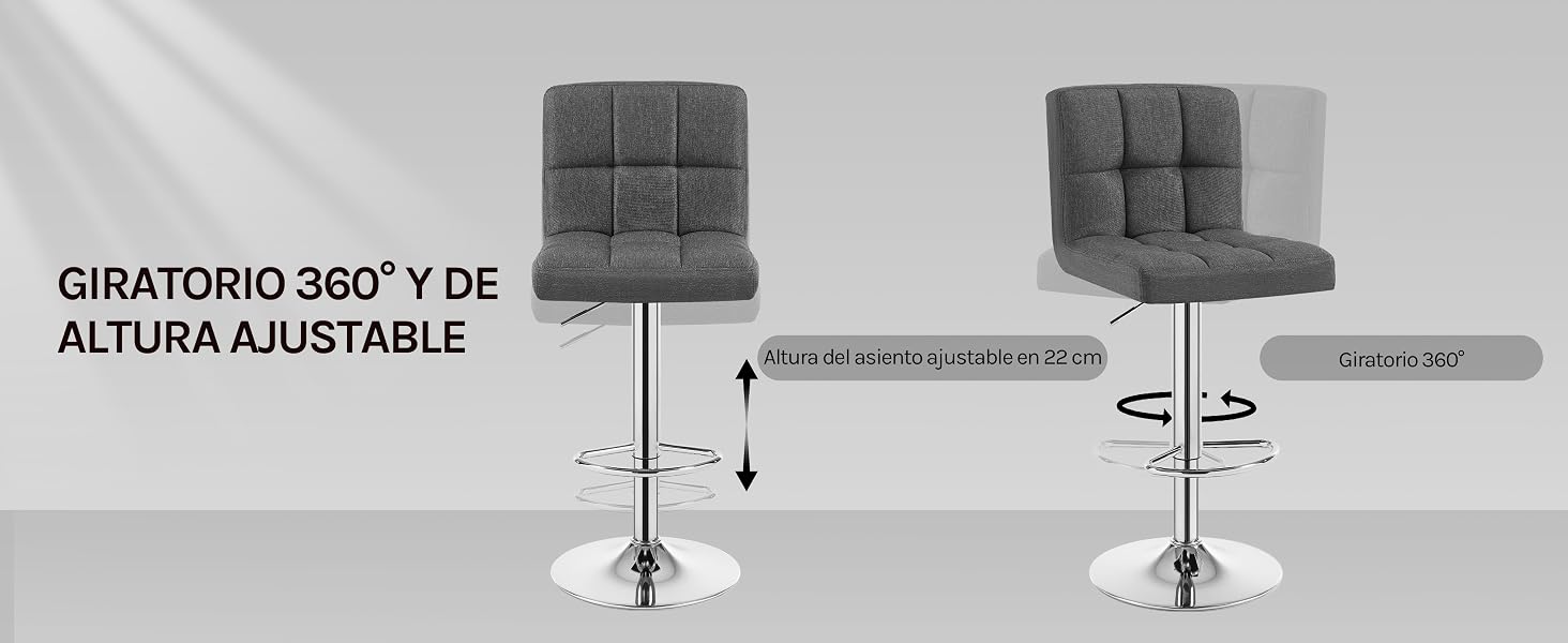 Dos taburetes de bar tapizados en gris con respaldos capitonados, bases cromadas y mecanismos de elevación hidráulica de altura ajustable que se muestran en diferentes ángulos