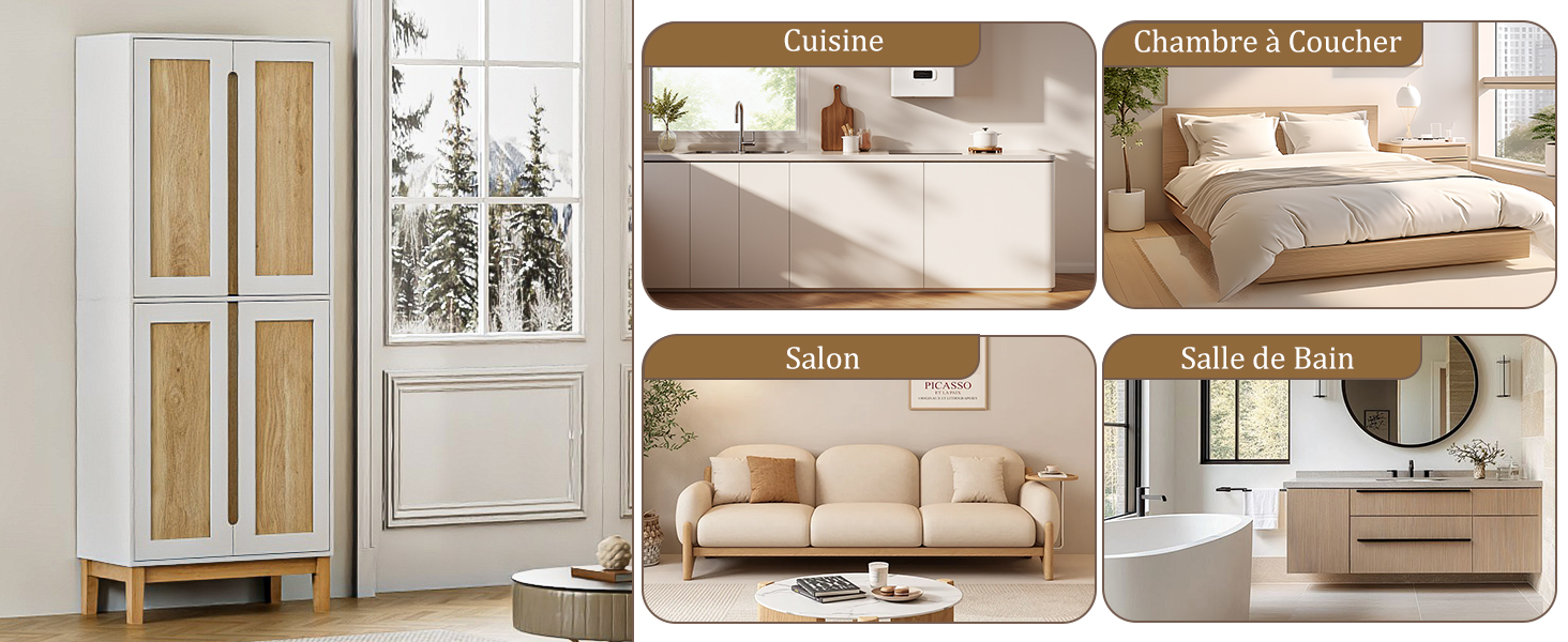 Le texte se lit comme suit : « Cuisine », « Chambre à Coucher », « Salon », « Salle de Bain ». Galerie de design d'intérieur présentant des chambres minimalistes modernes aux couleurs beige et blanc.