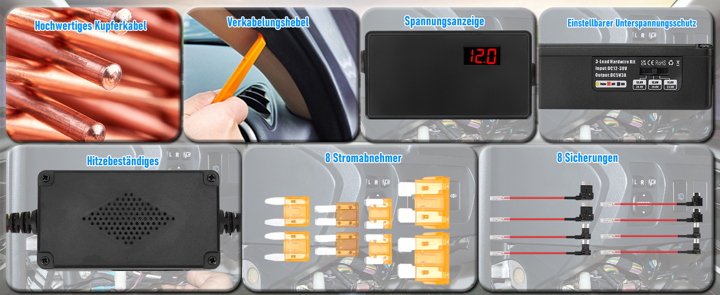 Zusammengesetztes Bild mit Komponenten eines Parksensorsystems für Fahrzeuge, einschließlich Ultraschallsensoren, Digitalanzeige, Steuereinheit und Kabelbaum für die Installation.