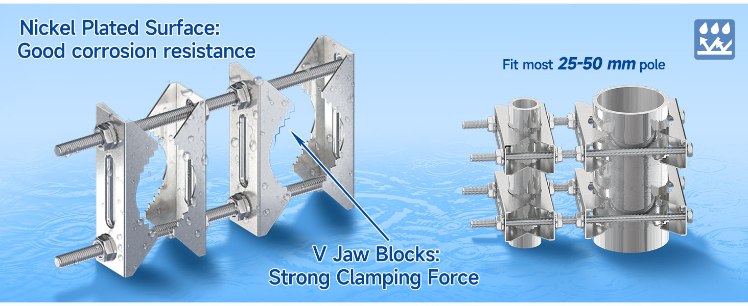 Nickel-plated pole mounting clamps with V-shaped jaws. Showcases corrosion resistance and strong clamping force. Fits 25-50 mm poles.