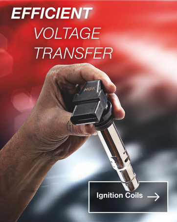 Text reads: 'EFFICIENT VOLTAGE TRANSFER', 'Ignition Coils'. Close-up of hand holding automotive ignition coil with red lighting effect.