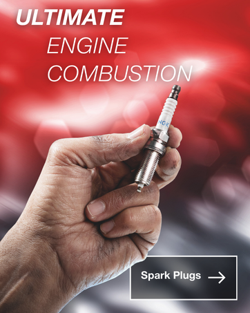 Text reads 'ULTIMATE ENGINE COMBUSTION'. Series of red-tinted automotive spark plug demonstration images showing installation or maintenance process.