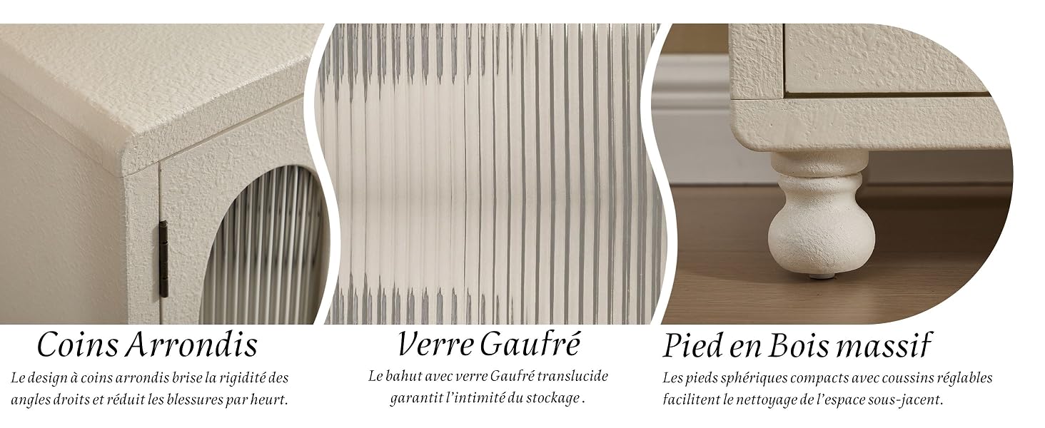 Le texte se lit comme suit : « Coltis Arrendis », « VerregaAllr », « Pied en Bois massif ». Vitrine de produits présentant trois éléments architecturaux ou de design différents avec des étiquettes textuelles en français.
