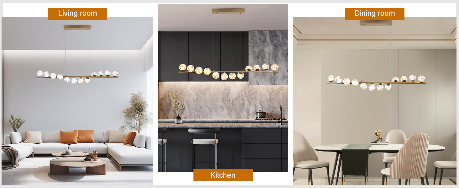 Three panel comparison showing modern pendant lighting fixtures with spherical bulbs in different dining room and kitchen settings.