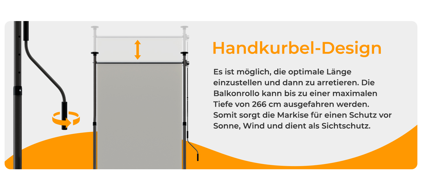 Der Text lautet „Handkurbel-Design“. Technisches Diagramm mit orangefarbenen und schwarzen Designelementen mit Richtungspfeilen und mechanischen Komponenten.