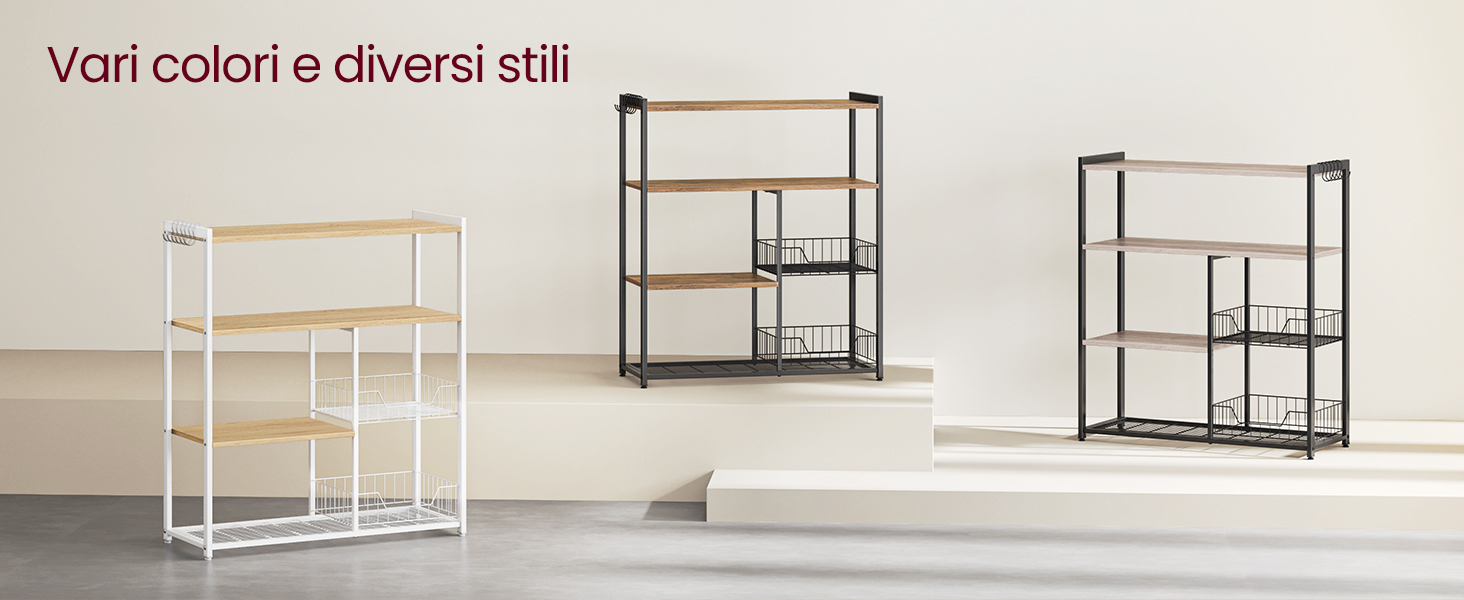 VASAGLE Scaffale Microonde Con Cestini - Ripiani, Ganci, Noce/Bianco