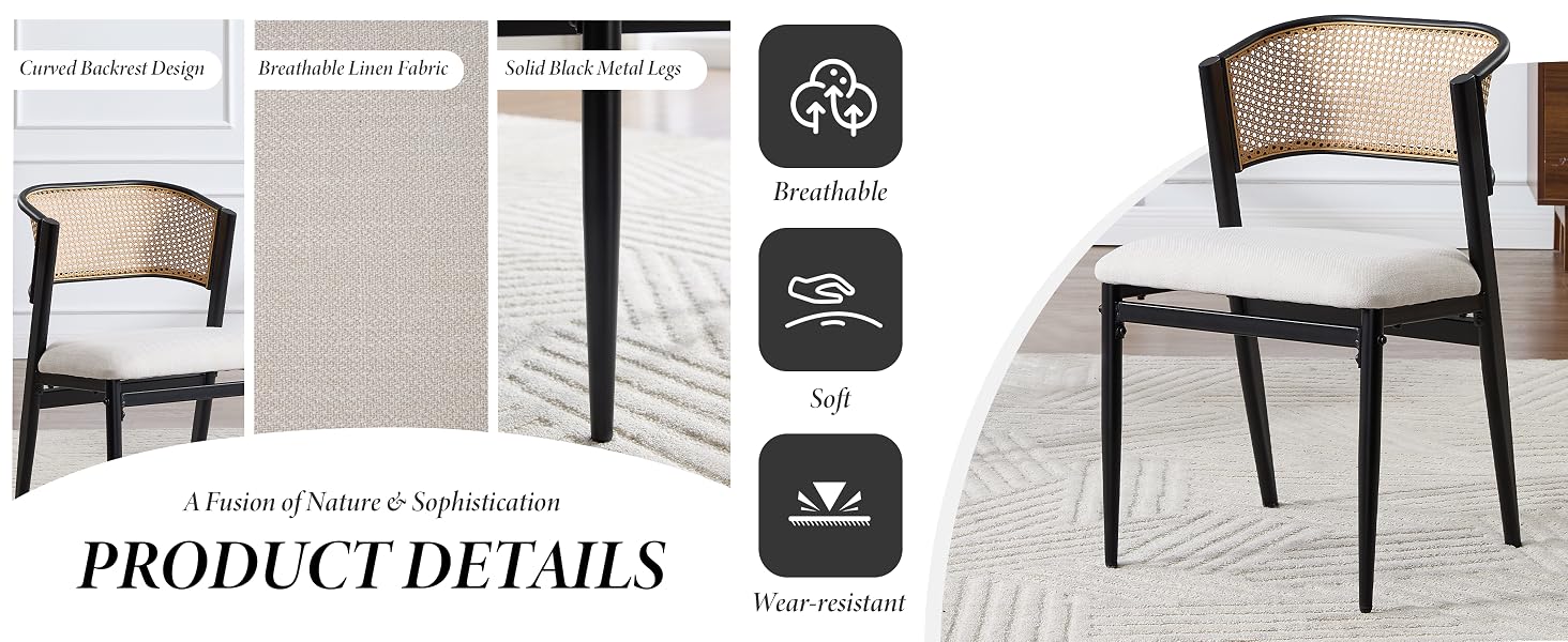 Text reads 'PRODUCT DETAILS'. Furniture specification layout showing detailed views of an upholstered dining chair with fabric samples and icon indicators.