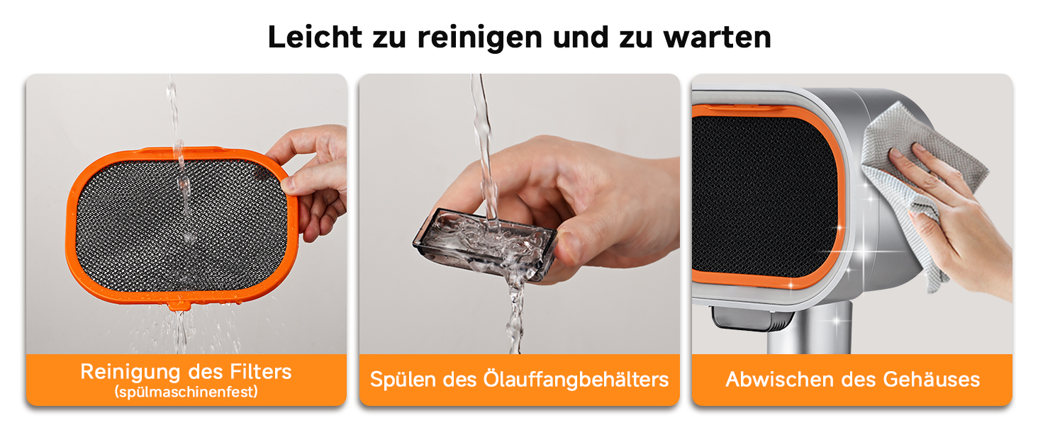 Der Text lautet: „Leicht zu reinigen und zu warten“. Demonstration auf drei Tafeln, die den Reinigungsvorgang einer schwarzen Oberfläche mit Reinigungstuch und Spray zeigen.