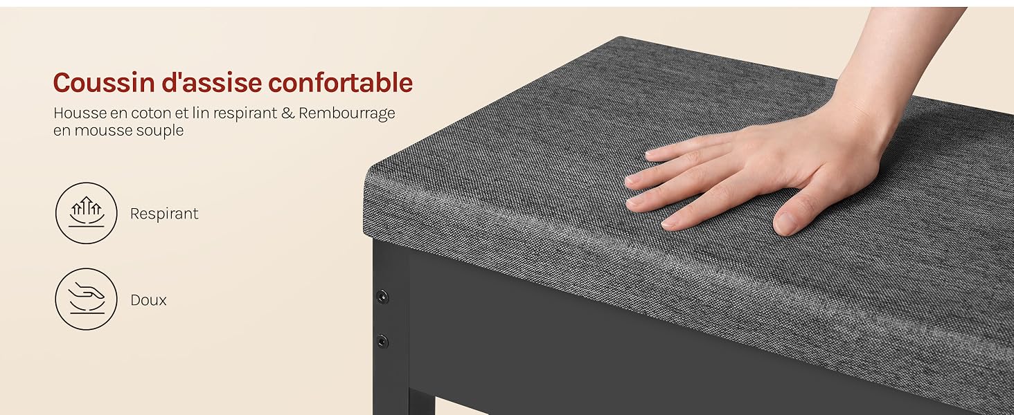Le texte se lit comme suit : « Cousin d'assise confortable ». Tapis ou coussin en mousse gris foncé avec main présentant une texture douce, présentant des caractéristiques de confort avec des icônes de produits ci-dessous.
