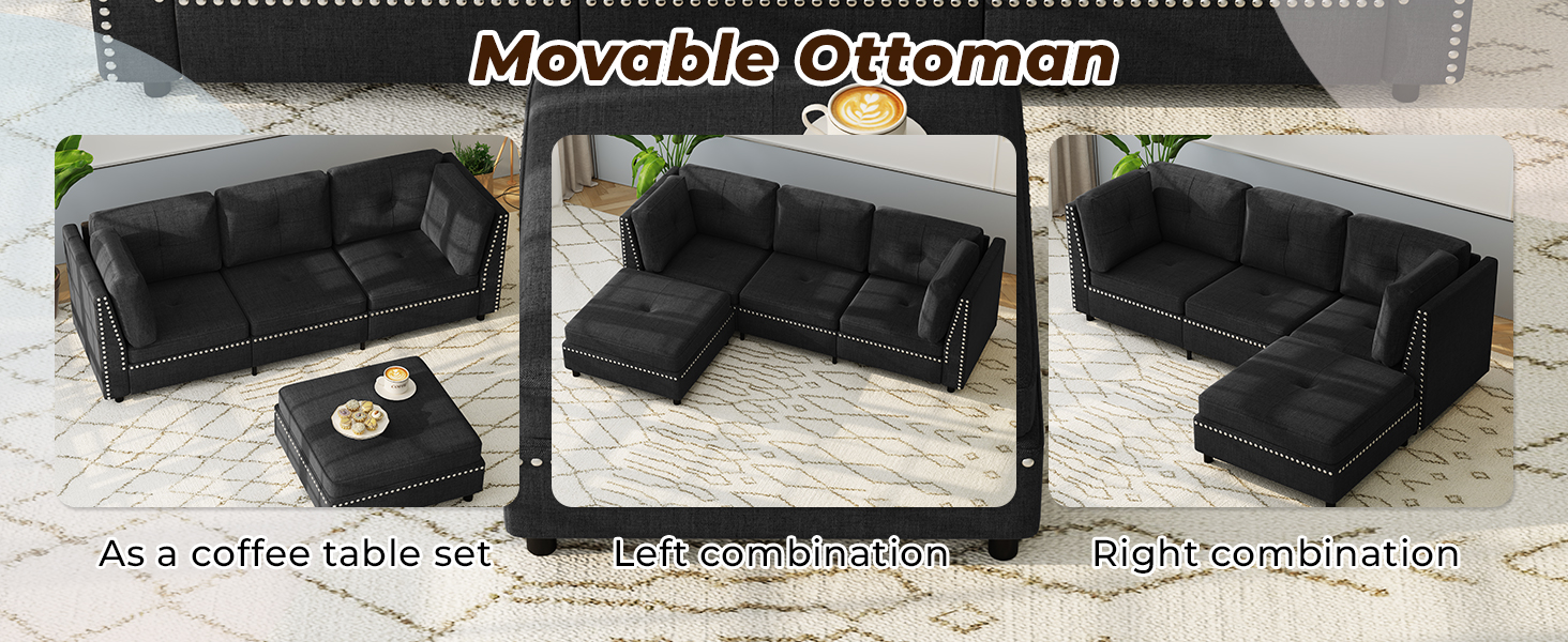 Text reads 'Movable Ottoman', 'As a coffee table set', 'Ottoman', 'Right combination'. Shows black leather ottoman that converts into multiple configurations.