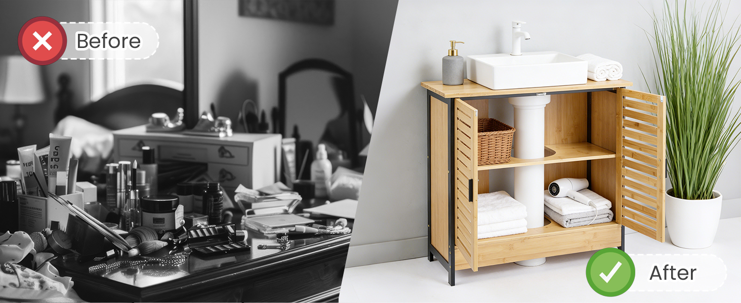 Split-panel comparison image marked 'Before' (left, black and white cluttered office) and 'After' (right, organized natural wood shelving with plants and accessories).