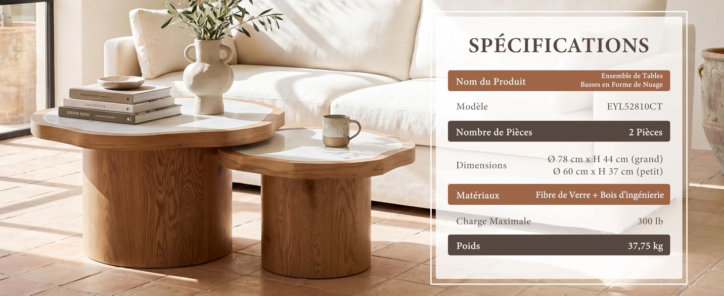 Intérieur minimaliste avec table d'appoint ronde tissée, récipients en céramique blanche et panneau des spécifications répertoriant les détails du produit sur le côté droit.