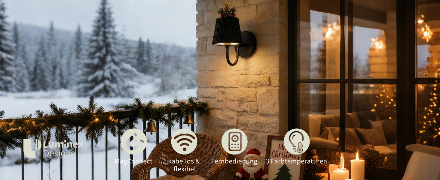Winterszene einer Gebäudefassade mit Schnee, mit Wandbeleuchtung. Drei kreisförmige Symbole unten zeigen die Produktmerkmale. Warmes Licht, das durch Fenster sichtbar ist.