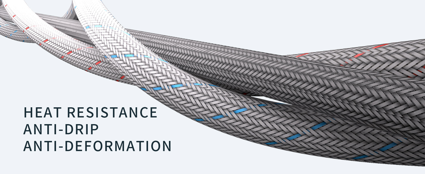 Close-up of braided metal or fabric cords. Text highlights heat resistance, anti-drip, and anti-deformation properties.