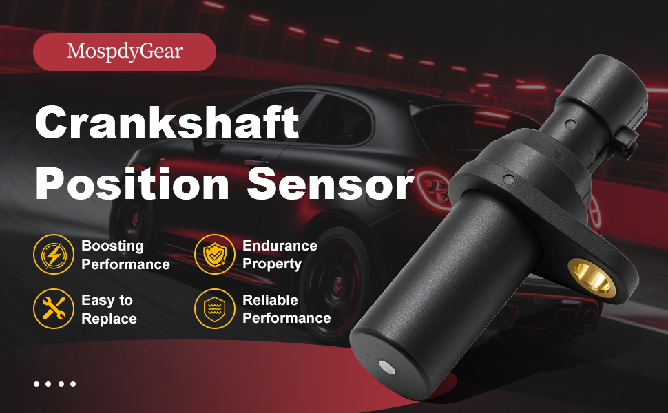 Text reads: 'Crankshaft Position Sensor' with automotive sensor component shown. Interface includes performance and property indicators with yellow icons.