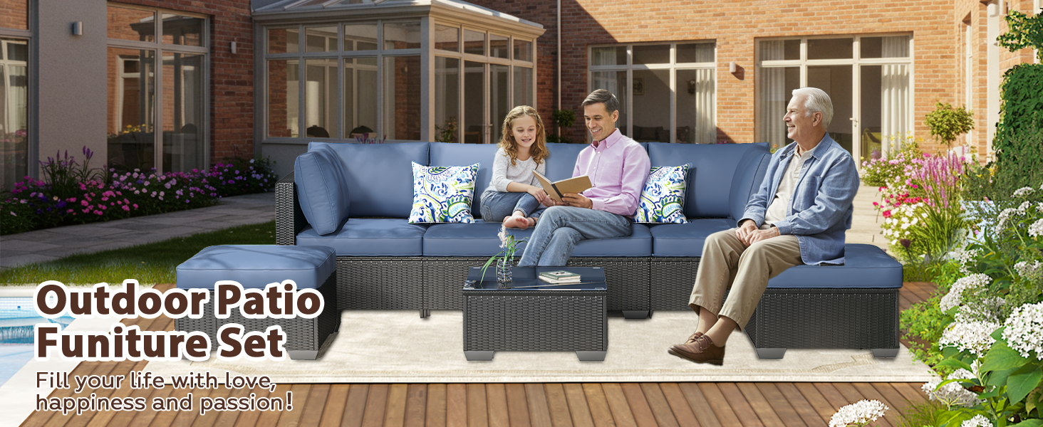 Text reads: 'Outdoor Patio Furniture Set'. Grey sectional outdoor furniture arrangement with cushions in a patio setting with greenery.