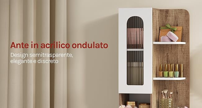 Il testo recita «Ante in acrilico ondulato» e «Design semitraparente, elegante e discreto». Pensile portaoggetti interno con pannelli verticali a nervature, scaffali bianchi che espongono oggetti decorativi e piante.