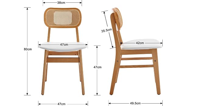 Technical drawing showing front and side views of a wooden dining chair with measurements, featuring curved backrest and clean lines.
