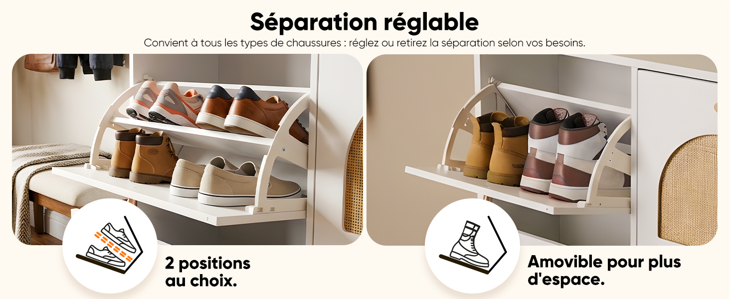 Le texte se lit comme suit : « Séparation réglable ». Série de photos de produits montrant un système d'étagère à chaussures réglable à plusieurs niveaux et positions pour optimiser le rangement.