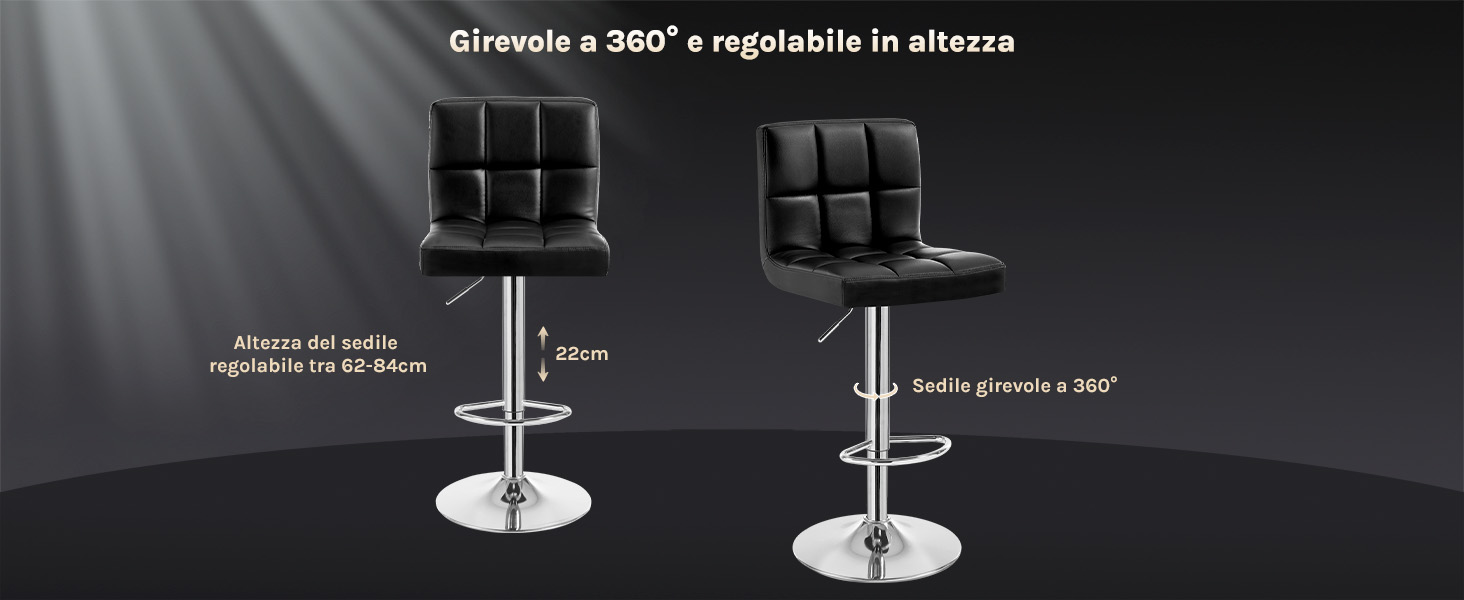 Due sgabelli da bar regolabili neri con sedili e schienali imbottiti. Gli sgabelli sono girevoli a 360 gradi e regolabili in altezza da 52 a 84 cm, con basi e poggiapiedi