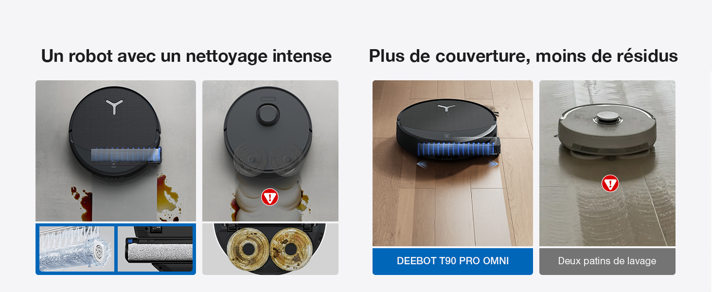 Le texte se lit comme suit : « Un robot avec un nettoyage intense » et « Plus de couverture, moins de débris ». Comparaison des modèles de couverture des aspirateurs robots illustrés dans les diagrammes.