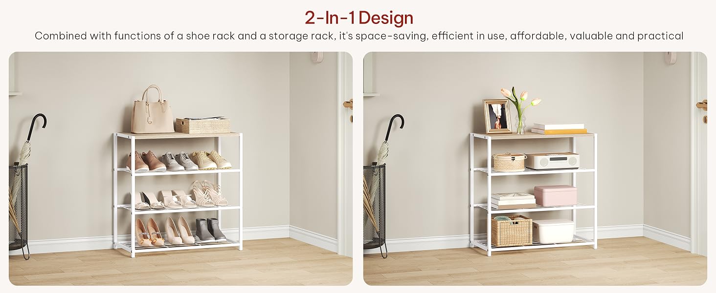 White metal shoe rack shown in two configurations.