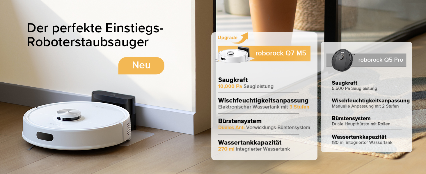 Weißer runder Roboterstaubsauger mit Produktverpackungen, die Funktionen wie Saugkraft, Fassungsvermögen des Wassertanks und Hindernisvermeidung aufweisen. Deutscher Text ist auf Kartons und Werbebannern sichtbar