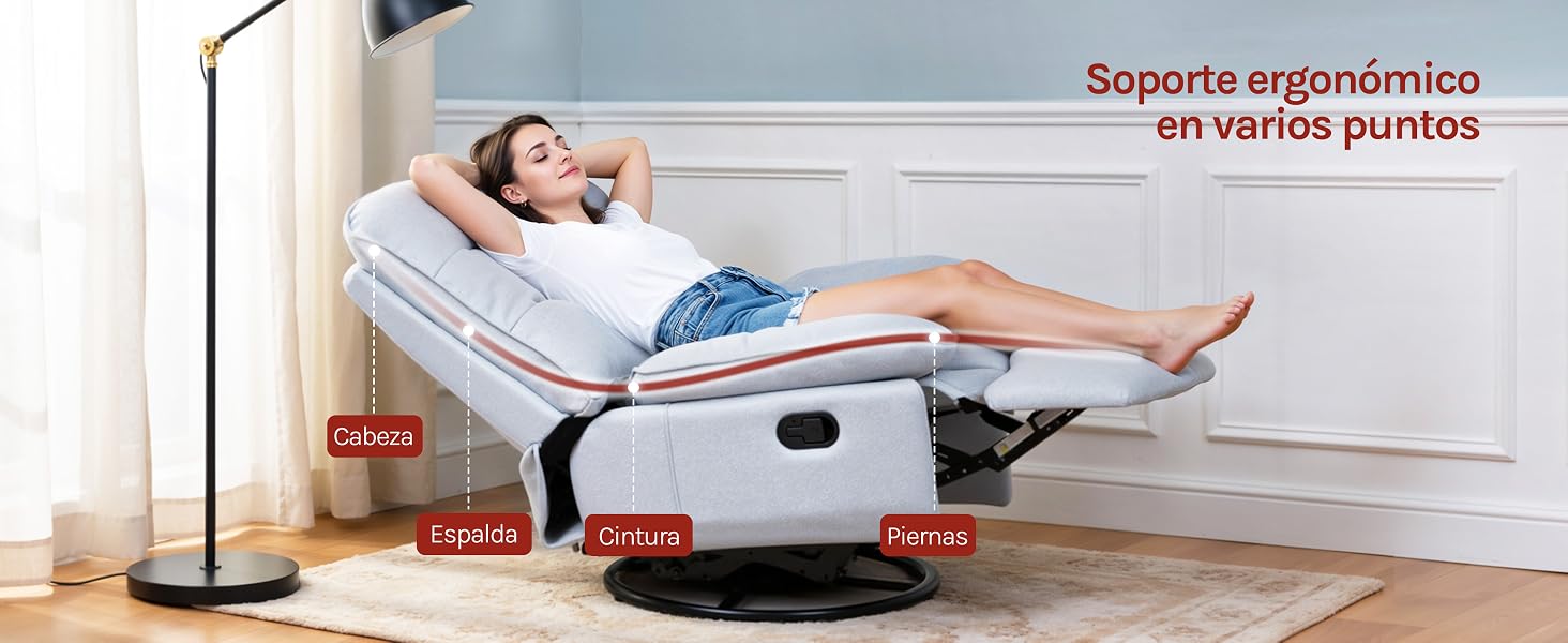 El texto dice «Soporte ergonómico en varios puntos». La persona se recostó sobre un dispositivo robótico blanco con detalles en azul, lo que demuestra una posición ergonómica de apoyo.