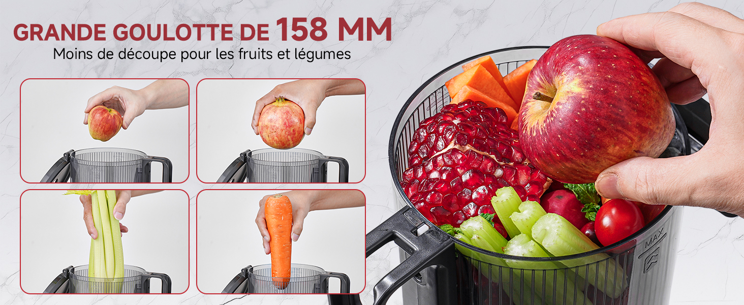 Le texte se lit comme suit : « GRANDE GOULOTTE DE 158 MM » avec le sous-titre « Passe de découpe pour les fruits et légumes ». L'image montre une râpe à légumes avec quatre démonstrations d'utilisation : râper des carottes, trancher des tomates et transformer des légumes et des fruits dans un bol de collecte.