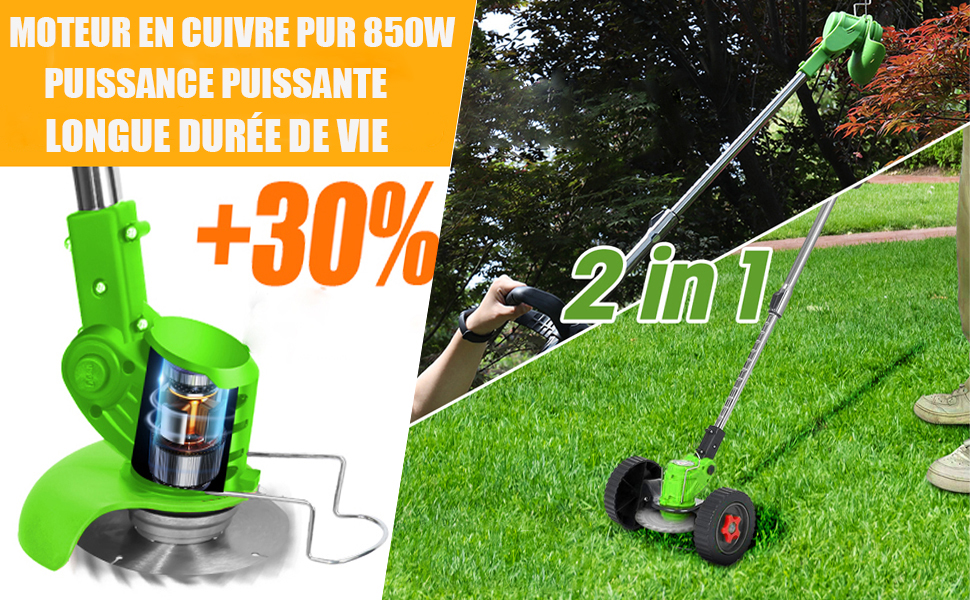 avec roues.
[SENTENCE 16] Boîtier vert, moteur en cuivre de 850 W. L'image montre un gros plan de la tête de coupe et de la personne qui l'utilise sur la pelouse