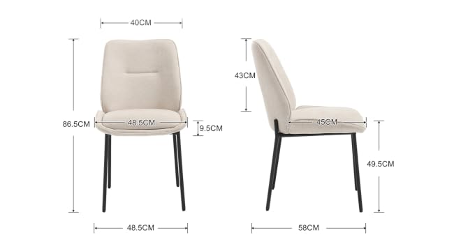 Dimensional diagrams of beige upholstered dining chair shown from front and side angles with measurements: seat height 45CM, seat width 48.5CM, total height 86CM, back height 51CM, depth 60CM.