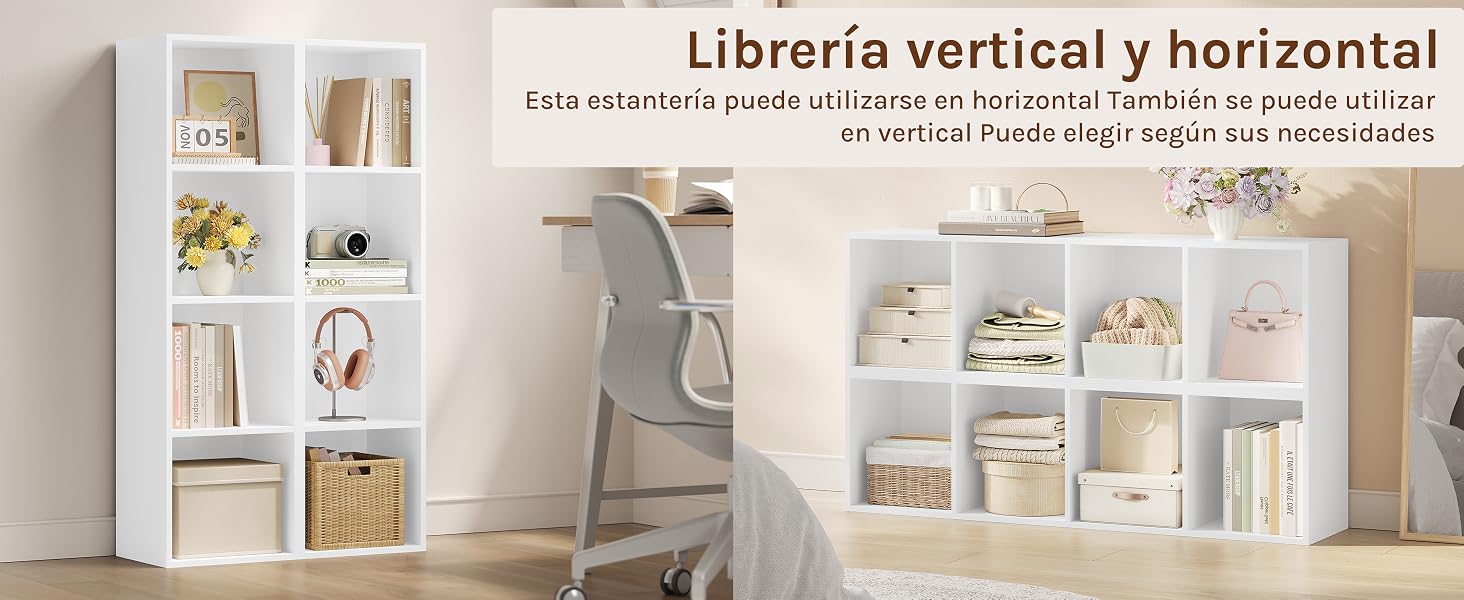 que presenta opciones de configuración vertical y horizontal. Exhibe libros, cajas de almacenamiento y artículos decorativos en un entorno minimalista de oficina en casa con un escritorio y una silla