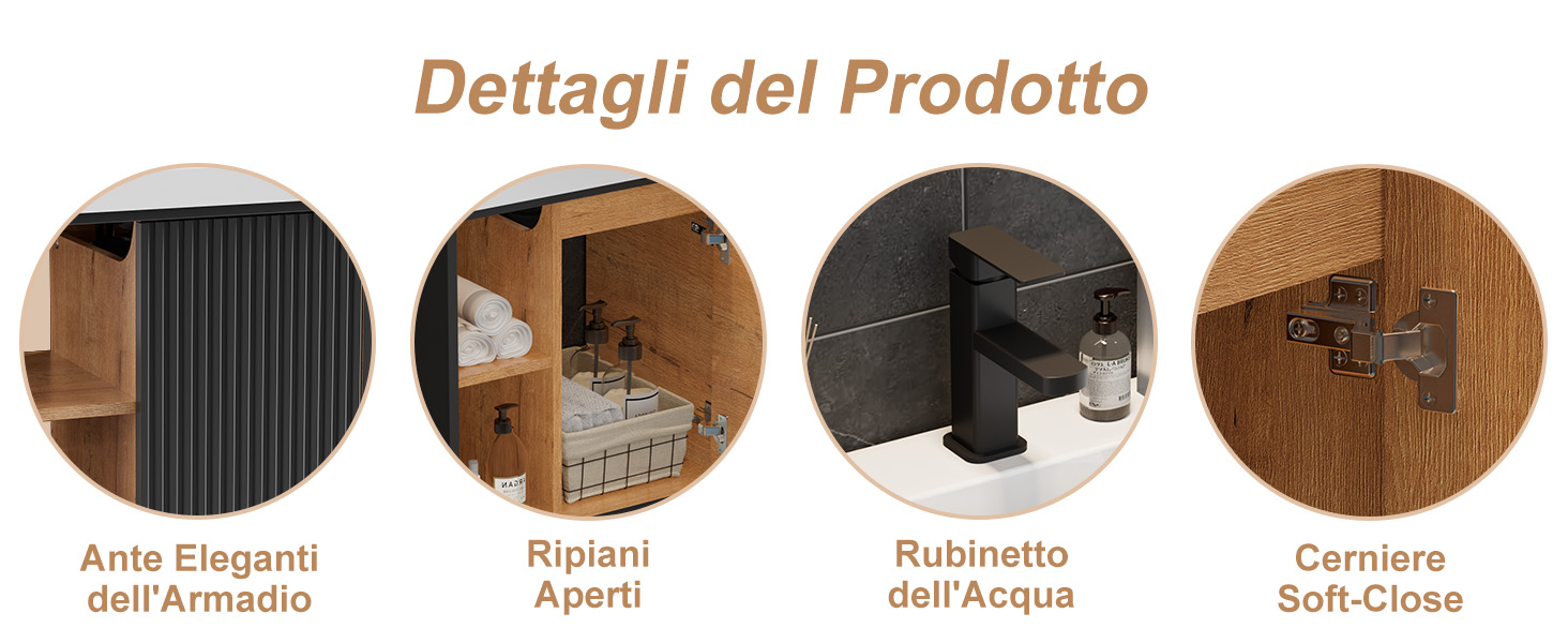 Il testo recita: 'Dettagli del Prodotto', 'Ante Eleganti dell'Armadio', 'Ripiani Aperti', 'Rubinetto dell'Acqua', 'Cerniere Soft-Close'. Dettagli del prodotto che mostrano i componenti di mobili in legno.